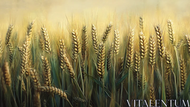 Golden wheat heads glowing in soft evening backlight.