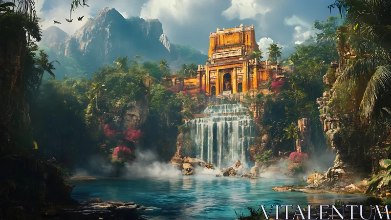 Sunlit jungle temple crowns cascading misty waterfalls