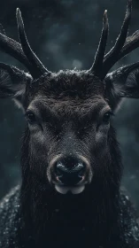 Front-facing stag portrait shows detailed wet fur and antlers