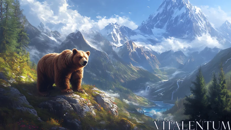Majestic brown bear overlooking alpine valley panorama.