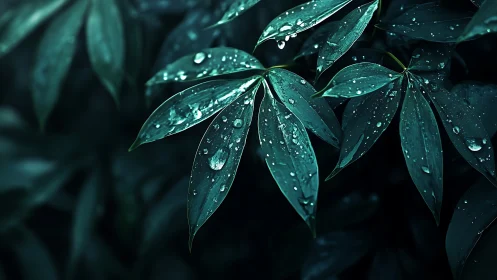 Midnight rain jewels on emerald jungle leaves in shadow.