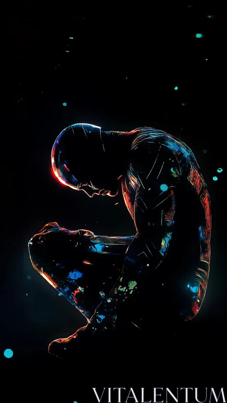 Neon sentinel kneels alone, glowing quietly in the void