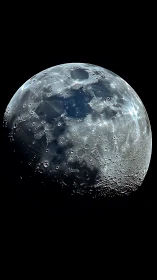 Lunar near side with visible maria and cratered surface.