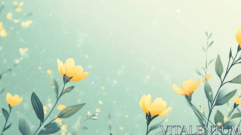 Yellow flowers on teal gradient background with light particles.