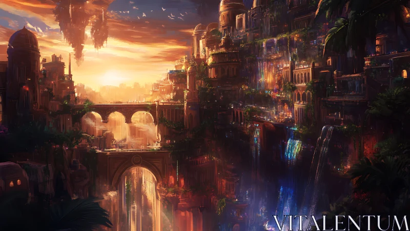 Tiered canyon city with bridges, waterfalls, and sunset sky.