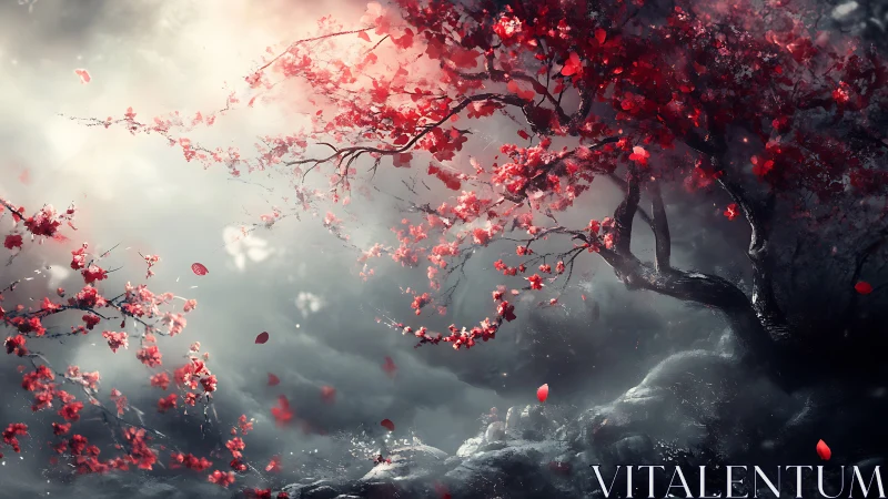 Red-leaved tree and branches in misty, diffuse light scene.