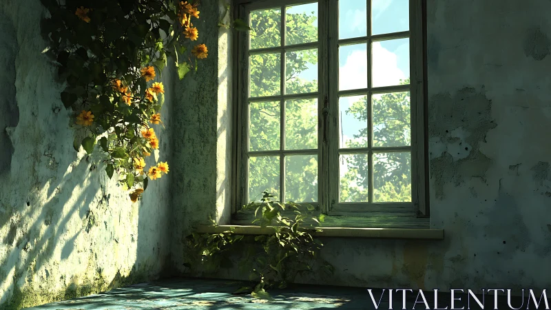 Sunlit overgrown window interior renders quiet natural decay