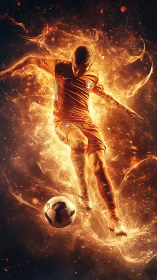 Dynamic soccer striker in fiery motion-trail digital energy field