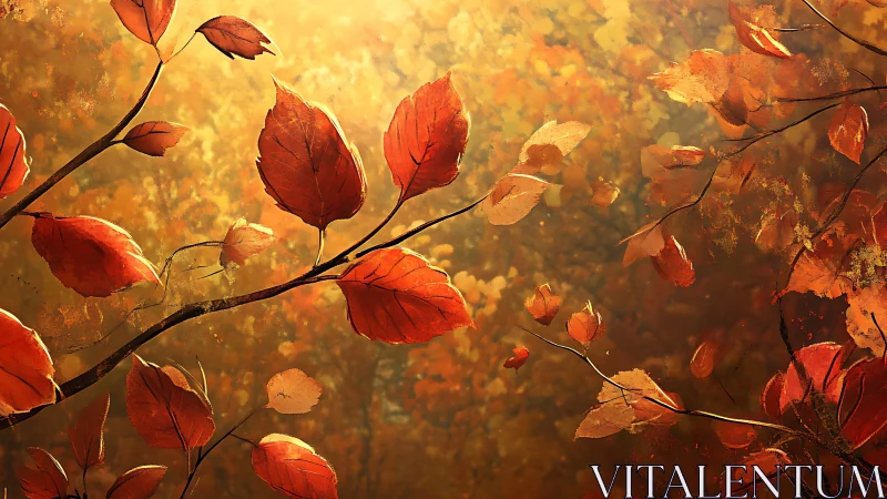 Orange autumn leaves float across backlit forest scene