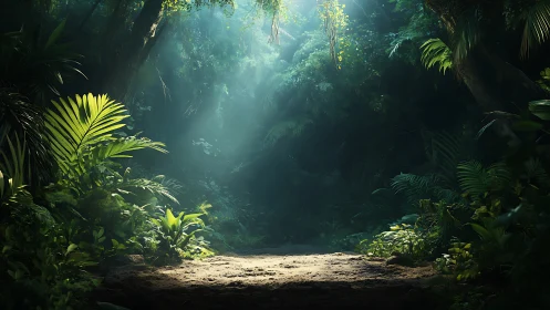 Sunlit jungle path enclosed by towering palms.