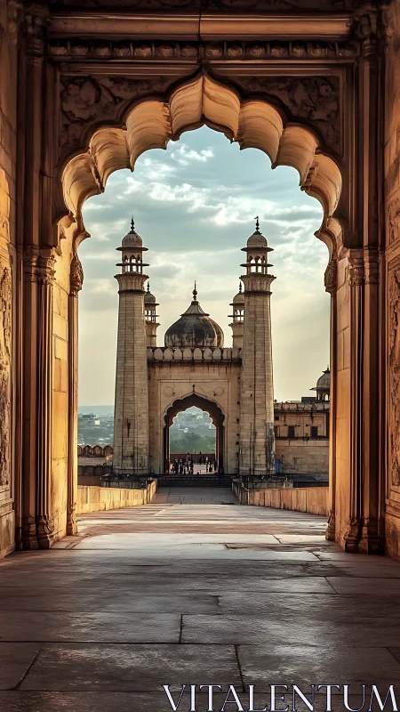 Layered Mughal archways frame distant domes in warm dusk light