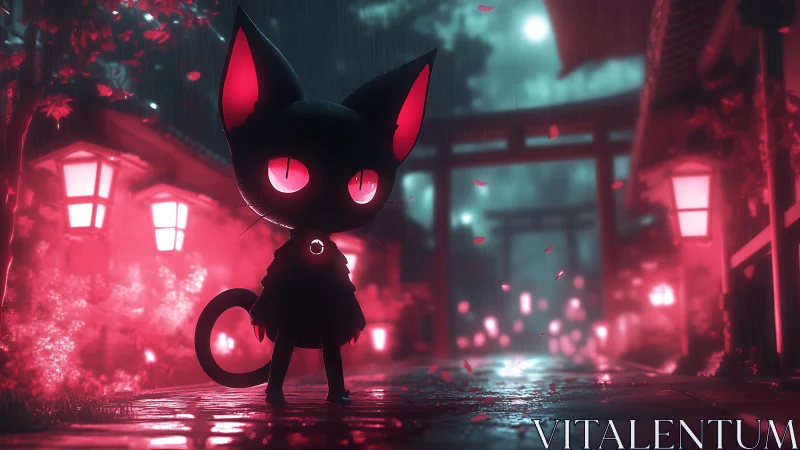 Black cartoon cat stands in neon lit rainy street at night