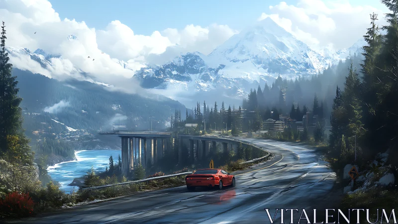 Crimson supercar chases alpine sunrise along misty fjord road.