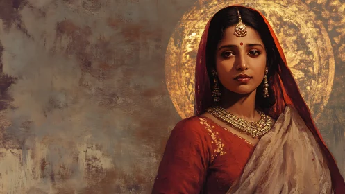 Portrait of woman in traditional attire with gold halo.