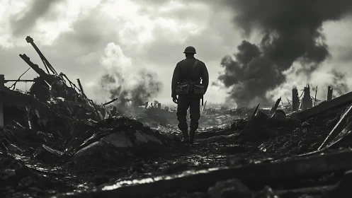 Lone soldier surveys ruined battlefield under smoke-choked sky.