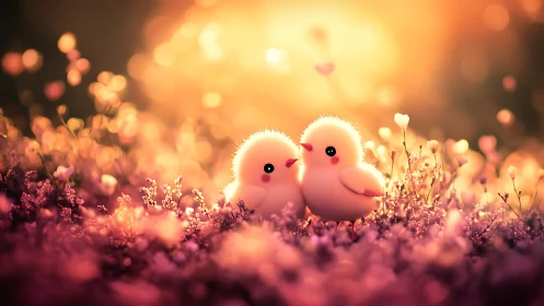 Fluffy pastel chicks in golden bokeh spring meadow panorama.