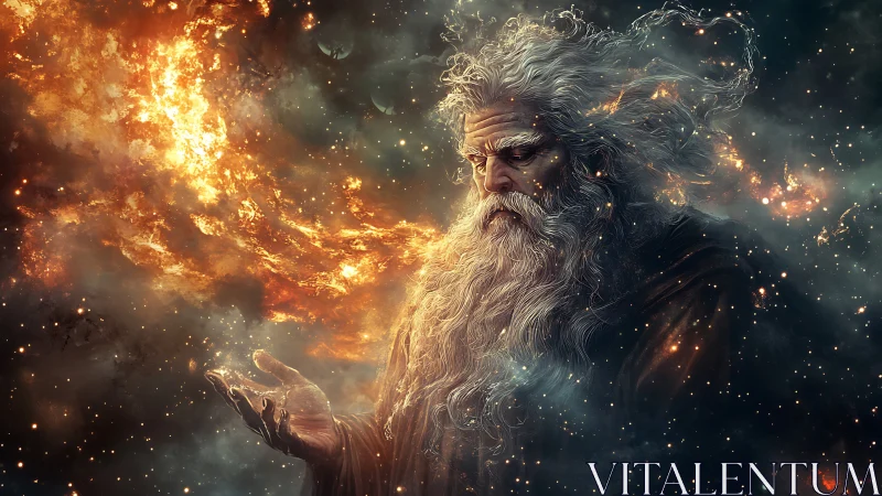 Gentle cosmic elder holding a newborn galaxy in starlight.