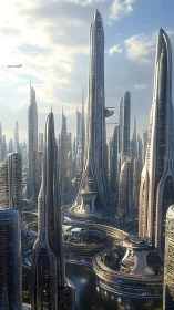Futuristic skyline with tall sleek towers over waterways.