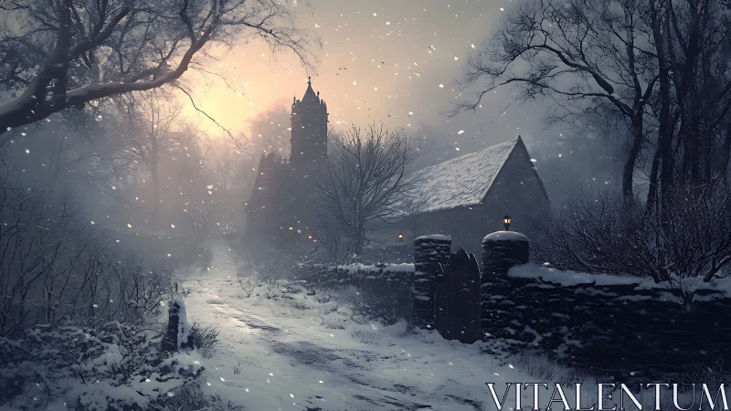 Snowy church lane glows in misty winter twilight haze.