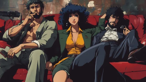 Crumpled detectives lounge on crimson couch between gunfights