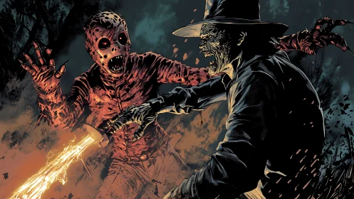 Masked humanoid and skeletal figure in fiery night combat.