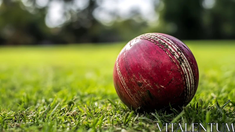 Weathered red cricket ball resting on green grass field.