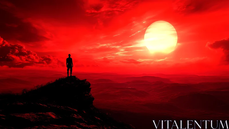 Lone dreamer watching a blazing red alien sunset sky.