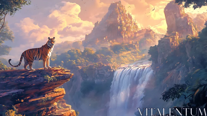 Tiger stands on cliff edge overlooking wide waterfall valley