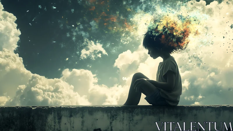 Child silhouette with exploding cosmic dreamscape sky