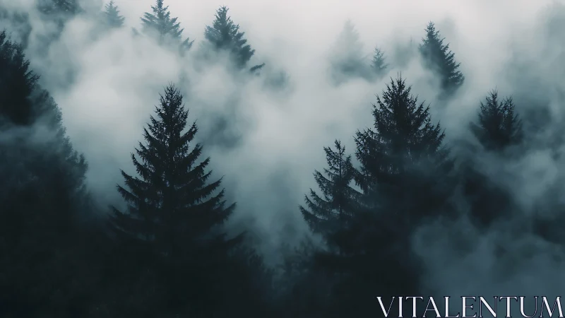 Dense conifer forest receding into layered low-lying orographic fog