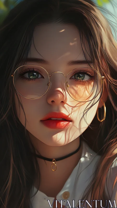 Soft daylight portrait of young woman in gold round glasses