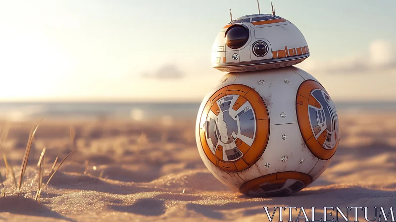 Spherical robot droid rests on a warm sunset beach