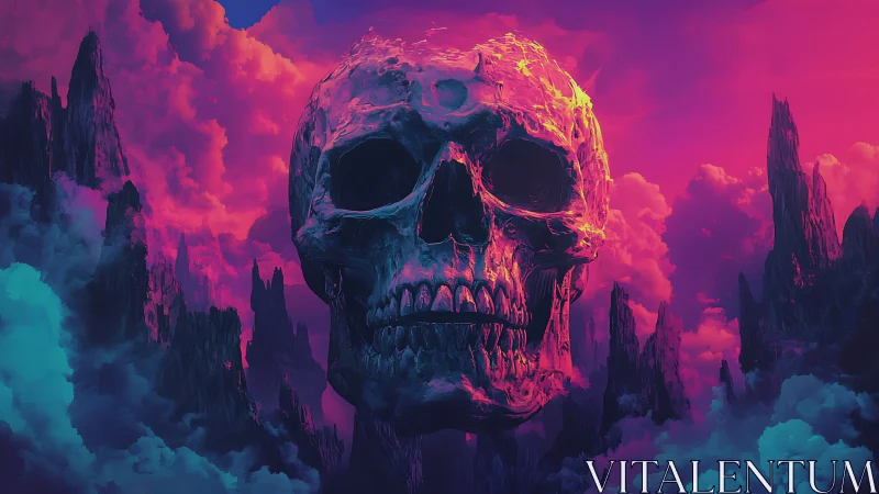Neon skull monolith in chromatic stormscape, digital painting.