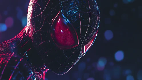 Close-up render of masked superhero head in neon lighting.