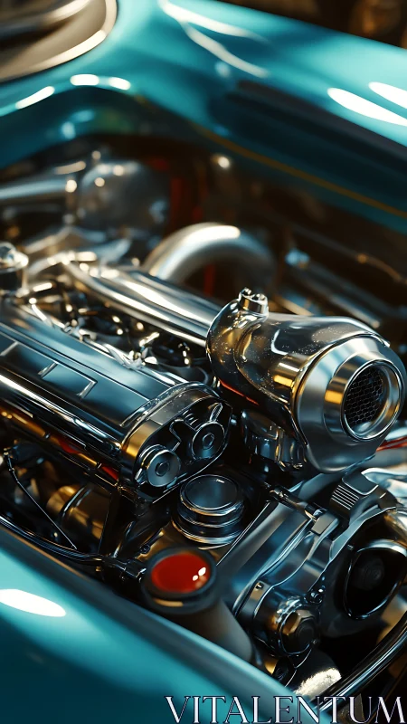 Chromed turbo engine within teal classic car bay closeup.