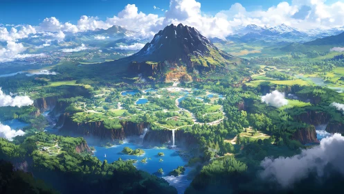 Expansive volcanic peak above terraced lakes and lush valleys