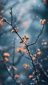 Orange buds on winter branches in soft falling snow.