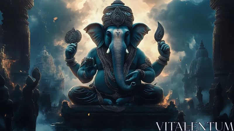 Serene elephant deity glowing softly in a misty temple realm.