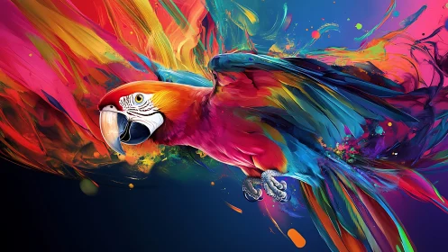 Colorful macaw in dynamic digital paint explosion artwork.