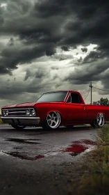 Crimson classic pickup resting under brooding storm clouds.