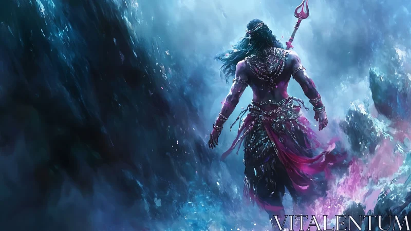 Mythic warrior traversing luminescent storm-sculpted chasm.