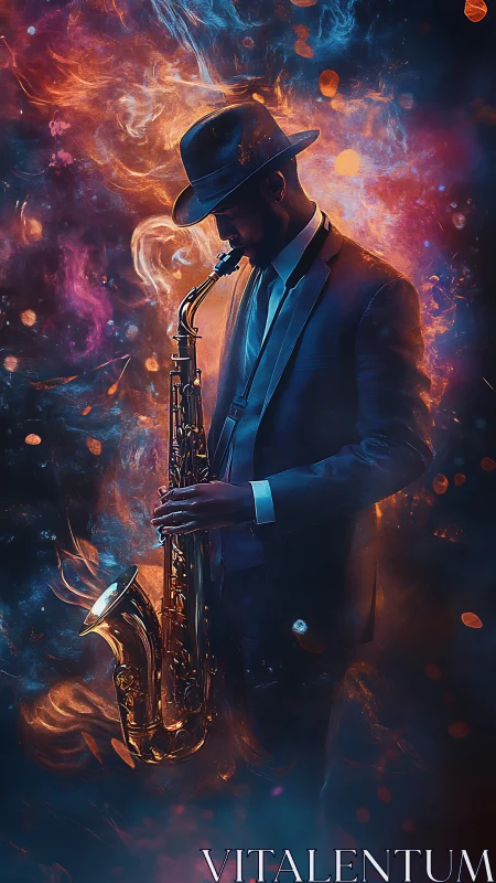 Jazz saxophonist stands in vibrant cosmic neon haze