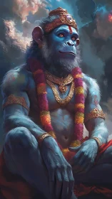 Regal blue monkey deity under stormy celestial clouds.