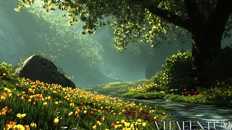 Rendered forest stream flows through dense flowers and trees