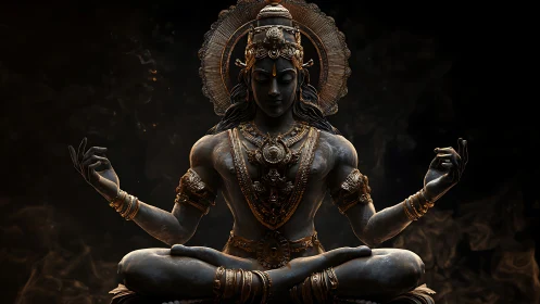 Bronze deity sculpture in meditative seated posture.