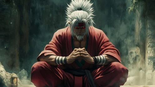 White haired warrior meditating in a misty stone ruin.