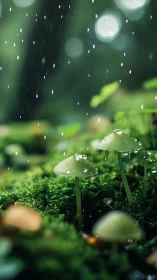 Tiny forest mushrooms stand under rain with dewdrop crowns