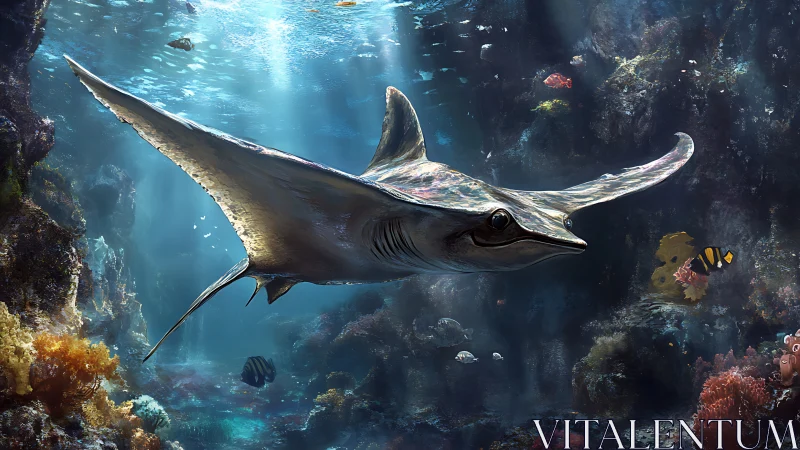 Giant manta ray glides through sunlit coral reef scene.