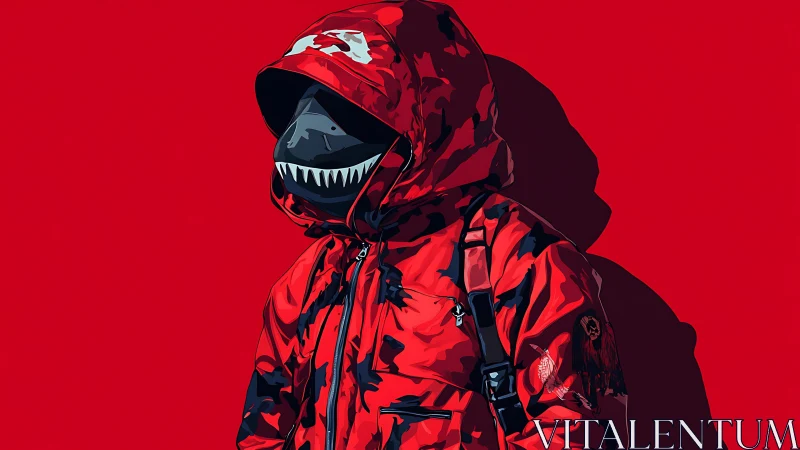 Hooded streetwear figure in red camo jacket on flat red field