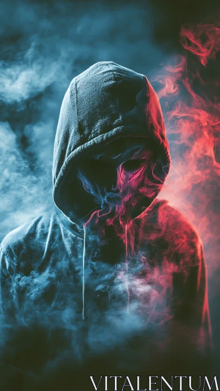 Hooded figure emerges through split red and blue smoke.